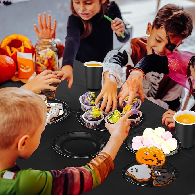 422 Pcs Black Disposable Party Supplies Serves 60 Guests Paper 7'' 9'' Plates Cups Napkins Plastic Tableware Spoons Forks Knives 2 Pcs Table Cover for Birthday Wedding Decorations(Black)