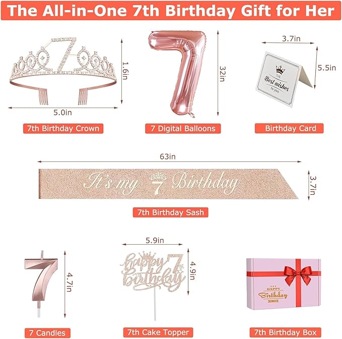 7th Birthday Decorations for Girls, Including 7th Birthday Sash and Tiara, Cake Topper and Candle, Number Balloon, 7 Year Old Girl Gifts