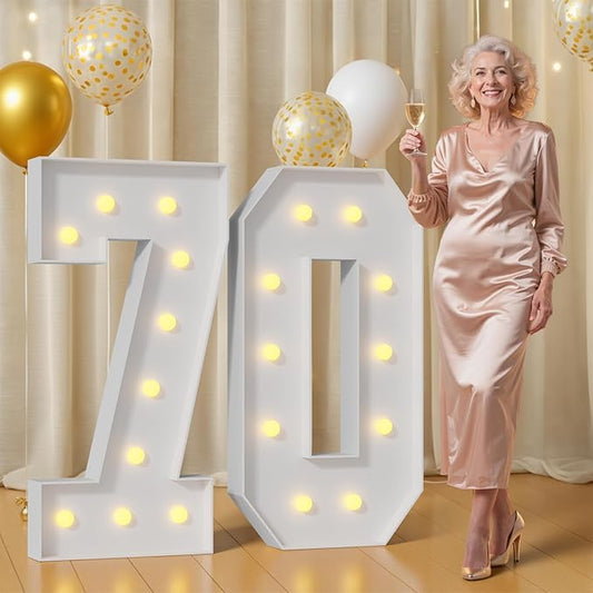 4FT 70 Marquee Numbers 70 Light Up Numbers for Party Large Foam Cardboard Warm White Light Sign Backdrop Birthday Party Decorations