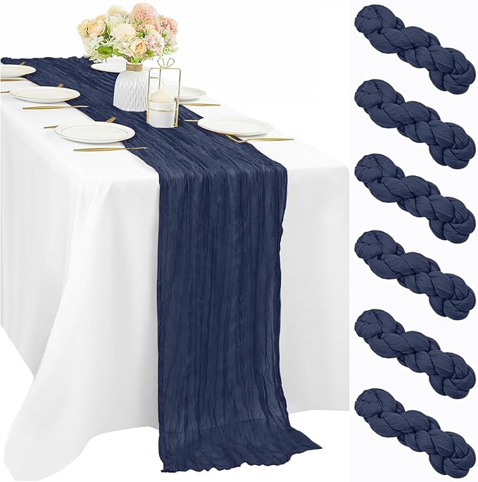 6 Pcs 10FT Navy Blue Cheesecloth Table Runner Gauze Fabric 35 x 120 Inches Long Boho Cheese Cloth Table Runner Rustic Semi Sheer Runner for Wedding Birthday Bridal Shower Party (Navy Blue)
