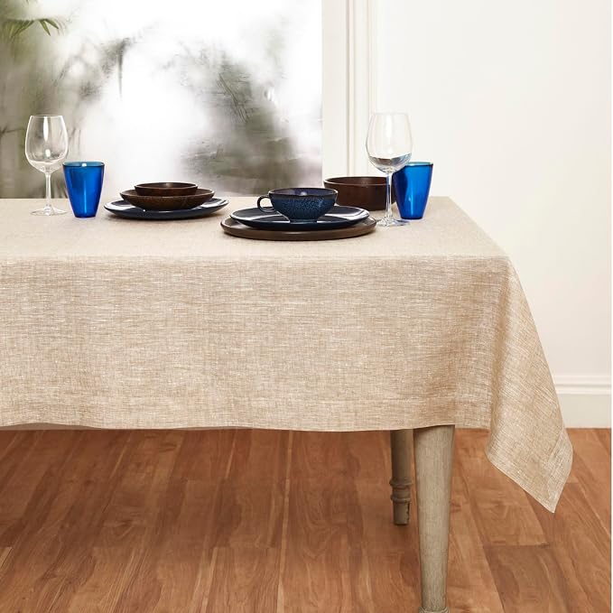 Solino Home Linen Tablecloth 60 x 120 Inch - 100% Pure Linen Champagne Beige Table Cloth for Rectangular Tables - Athena, Machine Washable Cloth Tablecloth for Summer