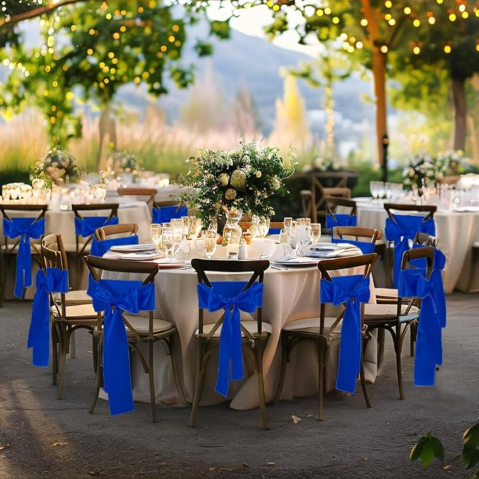 50 Pcs Royal Blue Satin Chair Sashes Bows Universal Chair Cover for Wedding Reception Events Banquets Party, Hotel Event Decorations, 6 x 108 inch
