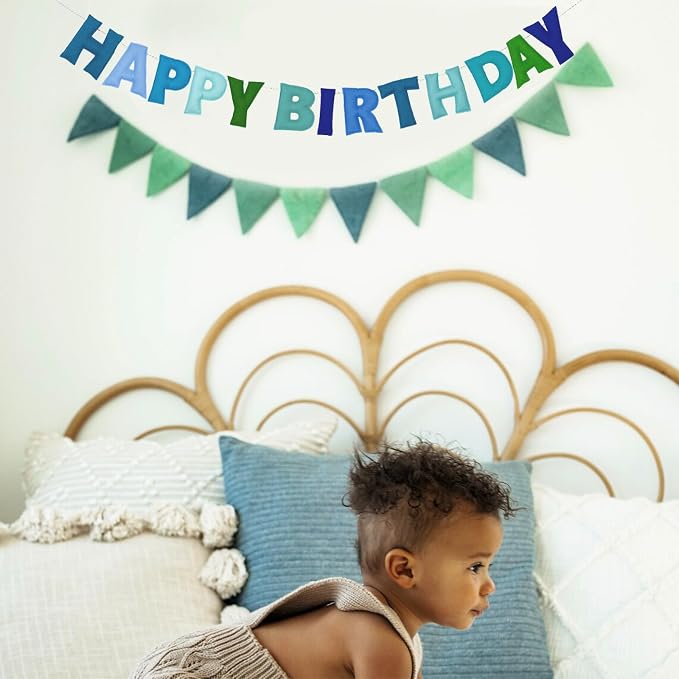 Pre-Strung Happy Birthday Banner - Felt Ball Garland, Rainbow Party Decorations, HAPPY BIRTHDAY Garland, Personalized Birthday Sign for Birthday Decor, Party Decor, Photo Prop (Blue Happy Birthday Banner)
