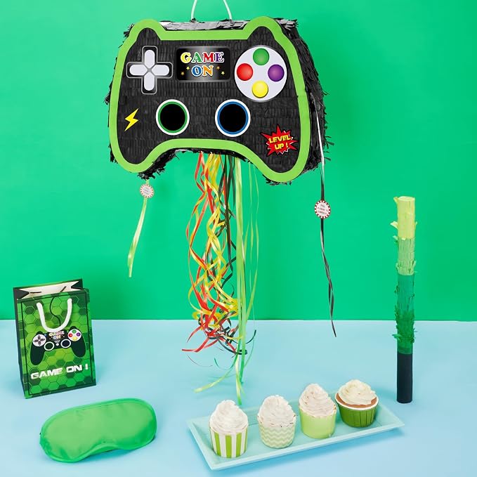 WERNNSAI Foldable Video Game Piñata - Pull String Gaming Birthday Party Supplies Extendable Piñata with Blindfold Bat and Tassels Game On Birthday Party Decoration Folding Piñatas for Classroom Game