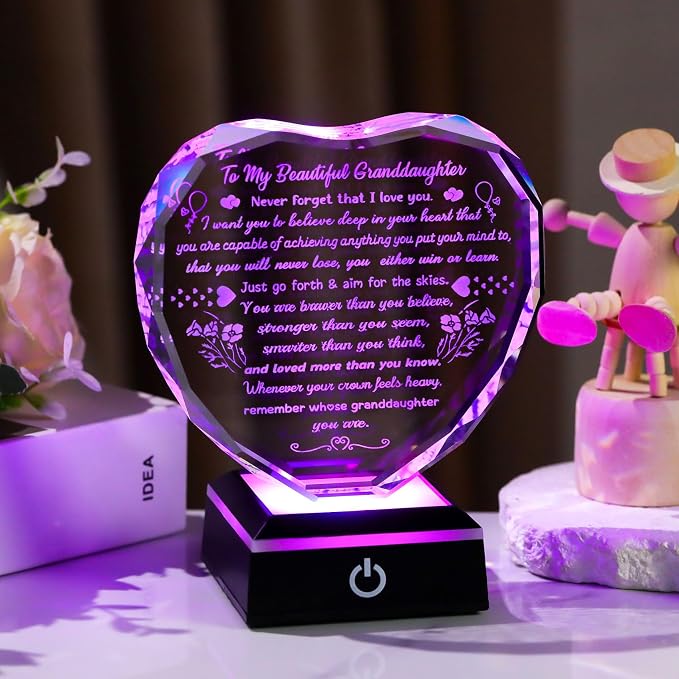 Arikyrist Birthday Gifts for Granddaughter Crystal Heart Plaque with LED Base Granddaughter Gifts from Grandma Graduation Wedding Christmas Presents for My Granddaughters
