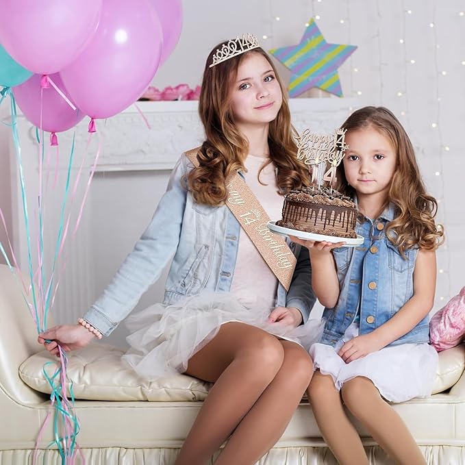 14th Birthday Decorations for Girls with 14th Birthday Sash and Tiara, Cake Topper and Candles, Number Balloons, Greeting Card, 14 Year Old Gifts for Girls