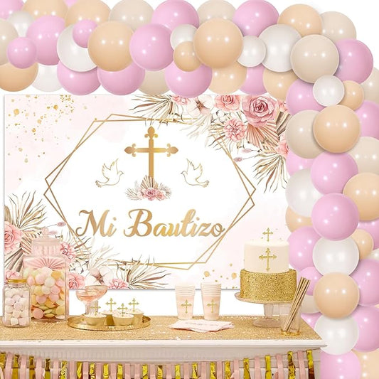 JOYMEMO Boho Baptism Decorations for Girls - Mi Bautizo Backdrop for Boho Balloon Garland Arch Kit, Baptism Cross Peace Dove Background, Christening Pampas Grass First Communion Confirmation Party