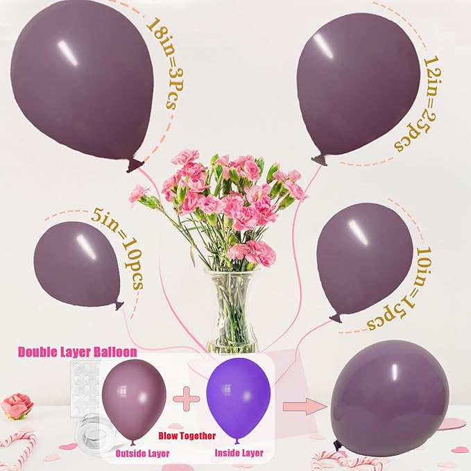Double Stuffed Matte Lavender Purple Balloons,18 12 10 5 Inch Grape Jelly Balloons Different Sizes,Double Stuffed Purple Balloon Arch for Boho Party, Baby Shower, Birthday, Weddings (GrapePurple）