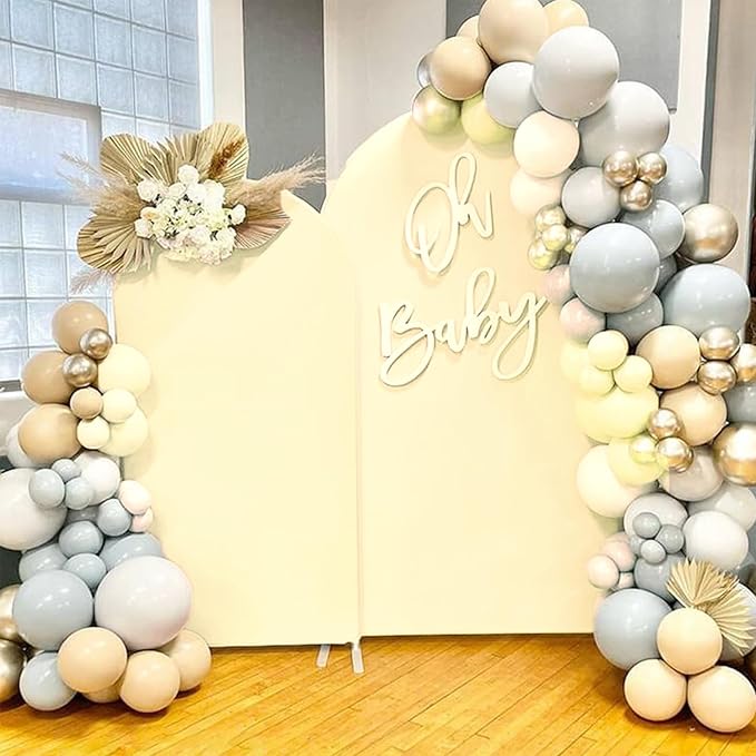 Set of 2 Wedding Arch Cover 2-Sided Round Top Spandex Fitted Arch Backdrop Cover for Birthday Party Baby Shower Wedding Arch Stand Decor（7.2FT, 6FT, Beige）
