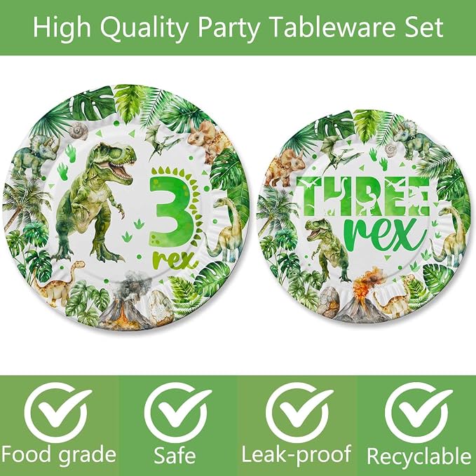208 Pcs Dinosaur 3rd Birthday Party Supplies, Green Dino Three Rex Birthday Decorations, 20 Serves Include Paper Plates, Cups, Napkins, Tablecloth, Cake Topper, Swirls, Banner, Balloons for Boys