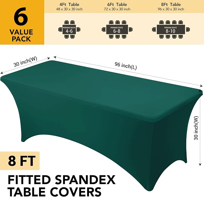 6-Pack Premium Hunter Green Spandex Tablecloths for 8ft Rectangle Tables, Stain & Wrinkle-Resistant, Washable Stretch Polyester Fitted Table Cover for Weddings, Banquets, Trade Shows Events