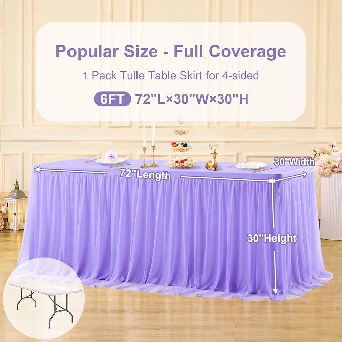 2-in-1 Lavender Tulle Tablecloths with Skirt for 6 Foot Rectangle Tables Party Ruffle Tutu Tablecloth 6FT Stretch Fitted Table Cover for Wedding Reception Birthday Baby Shower Celebration Banquet
