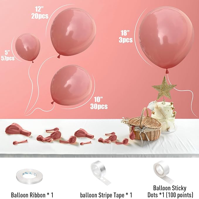 Dusty Pink Balloons, 113Pcs 18/12/10/5 In Vintage Retro Blush Pink Helium Latex Balloon Garland Kit, Different Size Matte Dusty Rose Party Balloons for Boho Birthday Baby Shower Wedding Decorations