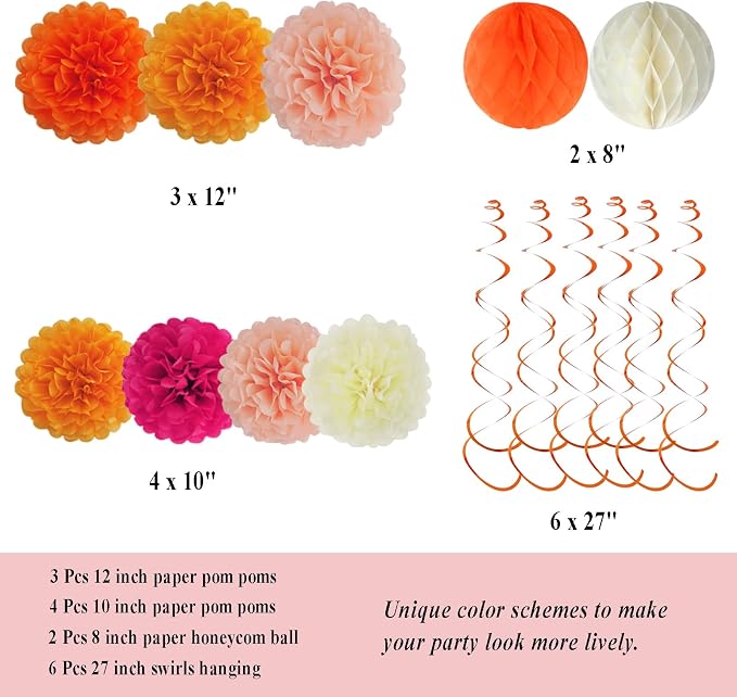 Envibe Orange Birthday Decorations, Tissue Paper Pom Poms with Happy Birthday Banner, Boho Tissue Fans Streamers Paper Lantern, 38 Pcs Fall Party Decoration.