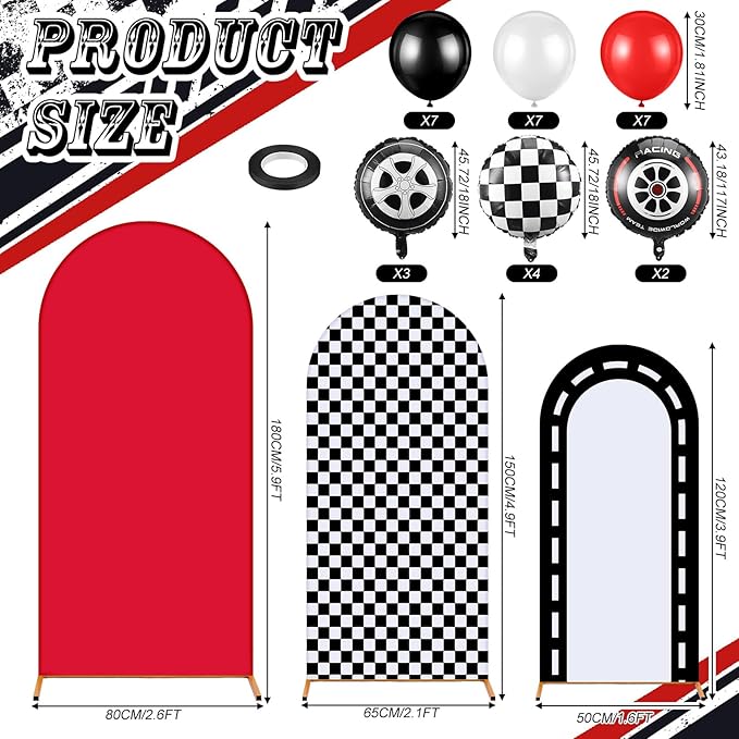 Foilswirl 34 Pieces Race Car Party Decoration 4ft 5ft 6ft Race Backdrop Cover Checkered Spandex Arch Backdrop Covers Red and Black Balloons Racing Tire Foil Balloons for Racer Go Kart Birthday Party