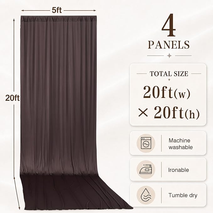 4 Panels 5x20ft Brown Ceiling Drapes for Wedding Parties, Wrinkle Free Thick Polyester 20ft Extra Long Wedding Draping Brown Ceiling Curtains Arch Drapery for Birthday Party Canopy Tent Decor