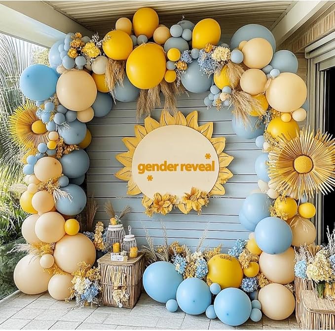 Blue Yellow Balloon Garland Double Stuffed Sand White Balloons Dusty Blue Yellow Cream Balloon Arch Kit for Baby Shower Birthday Gender Reveal Bee Honey Party Decorations