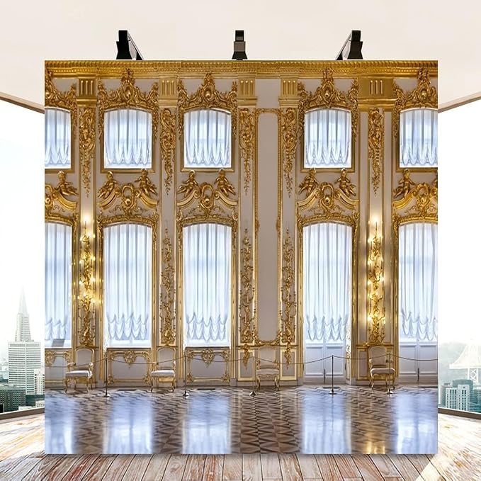 AOFOTO 8x8ft Luxurious Palace Backdrop for Photography Retro European Aristocratic Castle Noble Royal Interior Golden Hall Photography Background Girls Adult Travel Portrait Photo Booth Studio Props