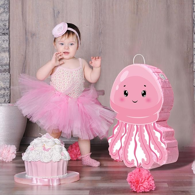 Blosssound Jellyfish Piñata Under the Sea Party Decorations Supplies Cute Pink Piñata Set with Stick Blindfold for Ocean Mermaid Theme Birthday Baby Shower Wedding Celebration Decorations(Jellyfish)