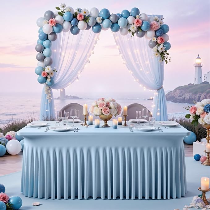NSSONBEN 2 pk Dusty Blue Spandex Tablecloth for 8 Foot Rectangle Tables,Wrinkle Free Fitted Spandex Table Covers 8ft Stretch Table Cloths with Ruffle Skirt for Parties Weddings Banquet Baby Shower