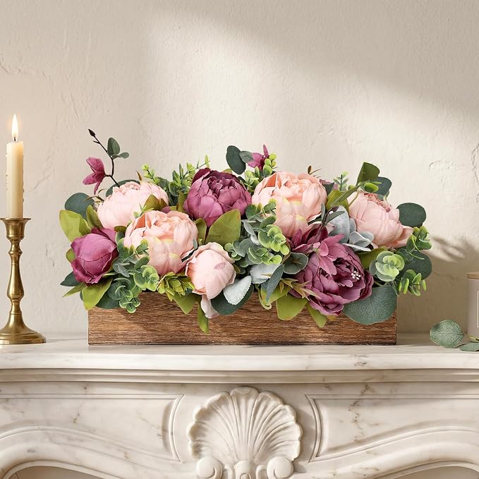 Pre-Made Flower Table Centerpieces for Dining Room Wedding Artificial Peony Table Decorations Wood Tray with Fake Flowers for Living Room Party Bar Kitchen Table(Dusty Mauve & Blush Pink)