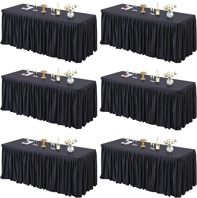 PARTISKY 6 Pack Black Tablecloths for Rectangle Tables 8ft, Wrinkle Resistant Black Table Cover Fitted Stretch Table Cloth with Pleated Ruffle Skirts for Party Banquet Dining Birthday Wedding
