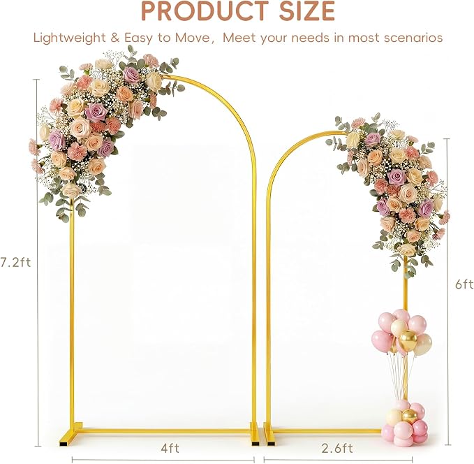 Toolterritary Metal Arch Backdrop Stand Set of 2, 7.2FT+ 6FT Balloon Arch Stand, Gold Wedding Arch Frame with Stable Base, Arch Backdrop for Party Birthday Baby Shower Graduation Decor