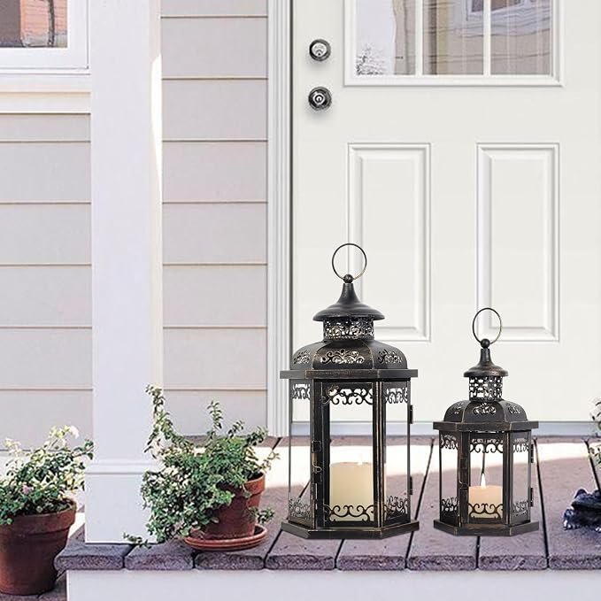 Large Lantern Decorative Outdoor & Indoor, Set of 2 (15’’&11’’) Metal Candle Lanterns Decor, Vintage Hanging Candle Holder for Front Porch Patio Wedding Farmhouse Home, Spring Decoration