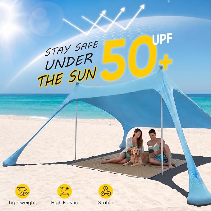 Sekey Aluminum Beach Shade Sun Shelter UPF 50+ - 6.5x6.5 FT Portable Beach Canopy with Windproof Rope & Stability Poles, Easy Setup Outdoor Tent for Camping, Backyard, Fishing, Picnics