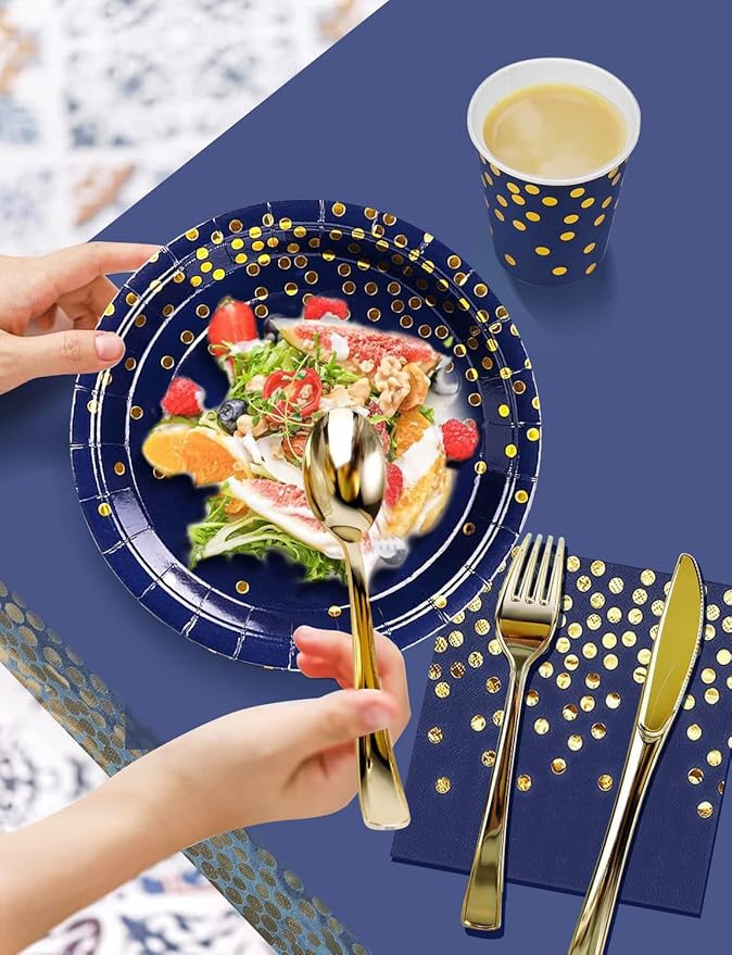 Nkaiso 141 Pieces Navy Blue Gold Party Supplies, Disposable Party Decorations Sets Include Paper Plates Napkins Cups, Plastic Forks Knives Spoons, for Baby Shower Birthday Wedding -20 Guests