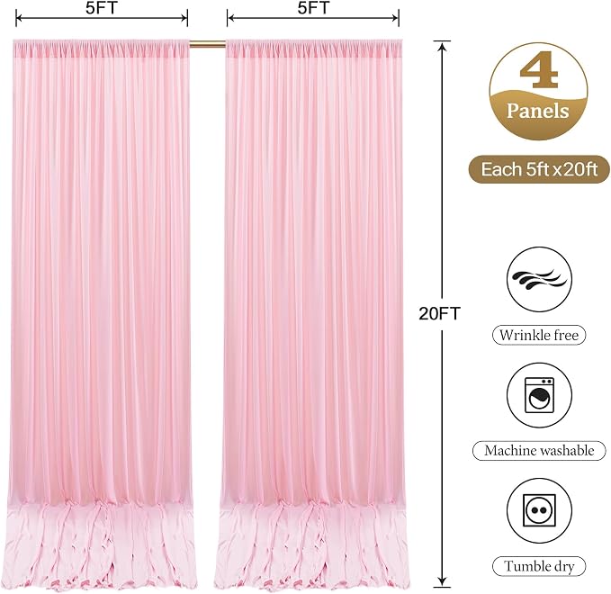 20ftx12ft Wrinkle Free Pink Backdrop Curtain, 4 Panels 12FT Long Wedding Photo Backdrop Drapes, Silky Polyester Back Drop Cloth for Birthday Photography Background Party Backdrop Draping
