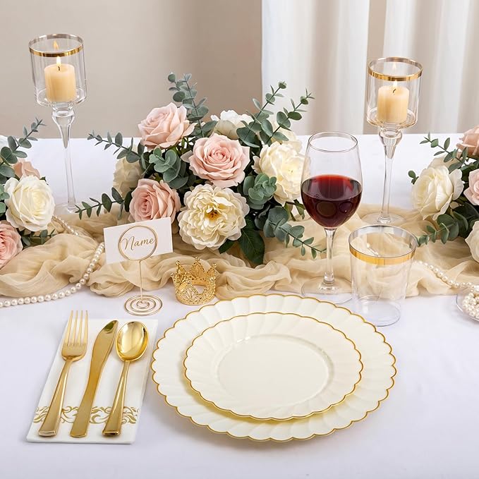 YOUBET 175PCS Ivory Scalloped Plastic Plates - Gold Disposable Dinnerware Set Include 50 Plates, 75 Gold Silverware, 25 Cups, 25 Napkins for Party & Wedding