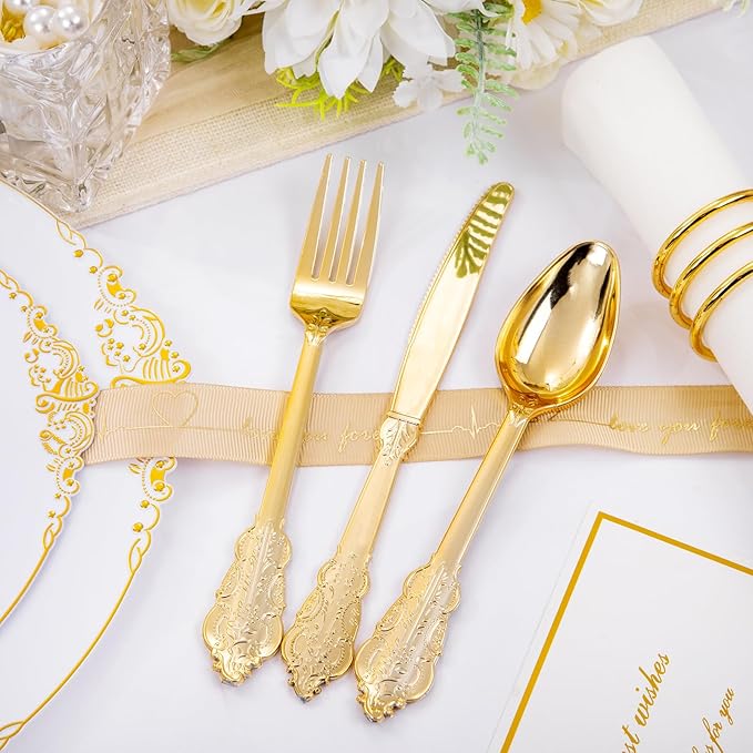 Hioasis 210pcs White and Gold Plates - White Party Plates for 30 Guest, Include 60 Heavy-duty Plates(20% Thicker Than Standard), 30 Pre Rolled Gold Plastic Silverware Set, 30 Cups