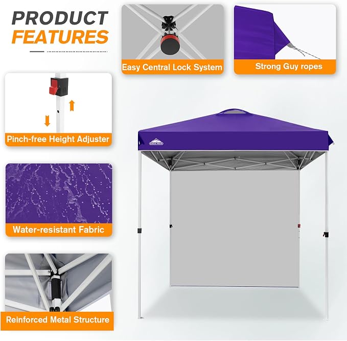 EAGLE PEAK Commercial Canopy 6.6x6.6 Pop Up Canopy Tent with 1 Sidewall, Easy Setup Heavy Duty Instant Event Shelter for Vendors & Markets, Outdoor Sun Shade, Purple