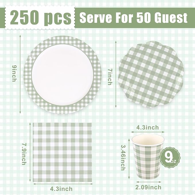 Funnymoom 250 Pcs Sage Green Gingham Paper Plates and Napkins Party Supplies Green and White Checkered Disposable Plaid Tableware Set for Wedding Bridal Shower Farmer Market Picnic Party Decorations