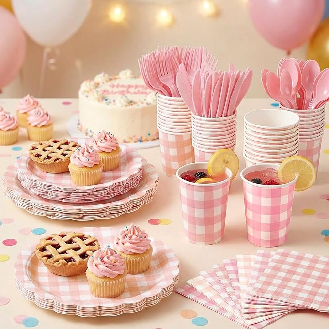 Yaomiao 168 Pcs Pink Gingham Plates and Napkins Pink Princess Party Decor Pastel Gingham Paper Plates Cups Napkin Plastic Knife Fork Spoon Serve 25 Guests Wedding Baby Shower Birthday Party Supplies