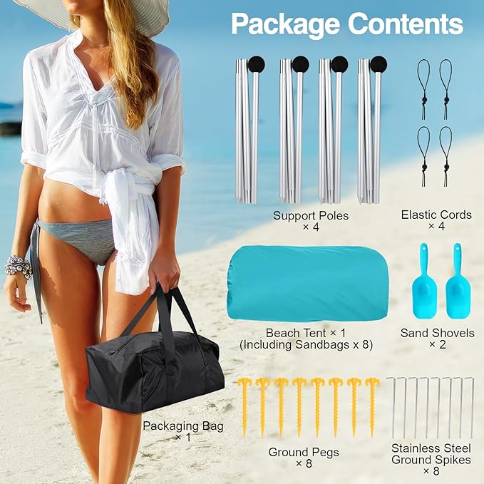 Rhino Valley Beach Tent, 10 x 10 FT Beach Shade UPF50+ Protection, Beach Canopy with 8 Sandbags 4 Stability Poles,Outdoor Beach Tent Sun Shelter Umbrella for Sand,Camping,Fishing Essentials,Mint Green