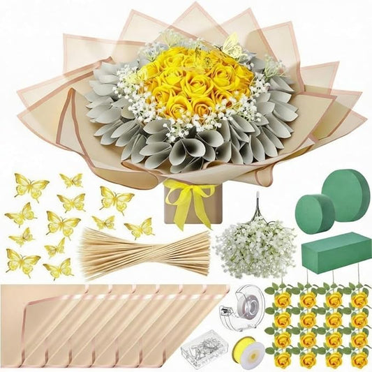 Marspark Graduation Money Bouquet Flower Kit Gift Included 20 Sheet Flower Wrapping Paper 36 Fake Flowers 100 Bamboo Skewer Floral Foam Block for Mother's Day Anniversary Wedding(Yellow,Classic)