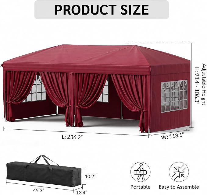 KIGOTY 10x20 FT Portable Pop Up Canopy Tent, Adjustable Height Instant Gazebo with Sidewalls, Sandbags, Waterproof Outdoor Canopy for Camping, Parties, Vendor Events (RED, 3m × 6m with sidewalls)
