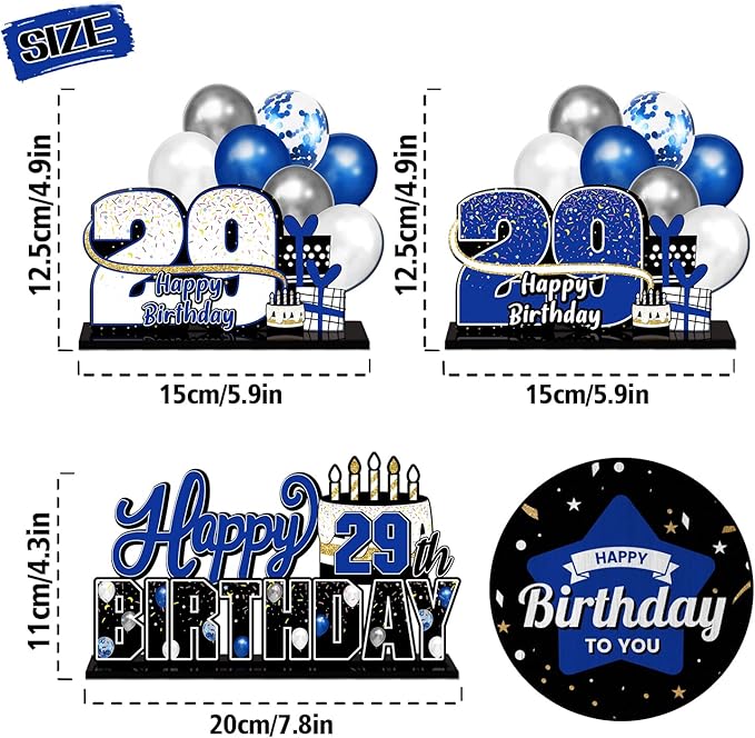 LINGTEER Happy 29th Birthday Blue Acrylic Table Topper Centerpieces Set - Cheers to 29 Years Old Birthday 29th Bday Party Gift Decorations.