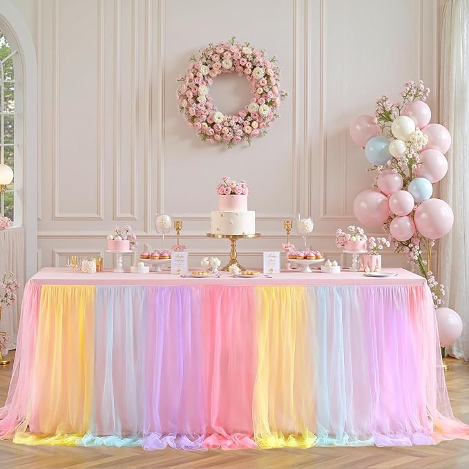 6 Pack 6ft Rainbow Tulle Tablecloths for Rectangle Tables, 6 Foot Rainbow Rectangular Table Cloth Wrinkle Free Tablecover with Tutu Skirt for Baby Shower Girls Birthday Party Banquet Buffet Cake