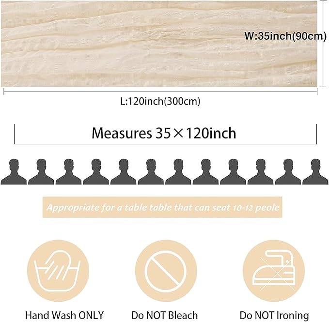 12 Pack Beige Cheesecloth Table Runner, 35x120 Inch Spring Gauze Cheese Cloth Table Runners 10 FT Beige Table Runner for Wedding Baby Shower Birthday Party Table Decors