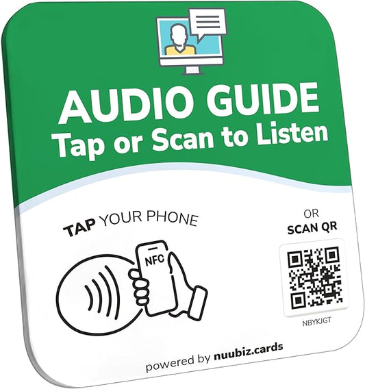 NFC Business QR Code Sign Plate for Launching an Audio Guide – Drive Offline Engagement Online – Works Like Review Tap Card & Social Media Sign – No App or Fees – Includes Stand or Adhesive