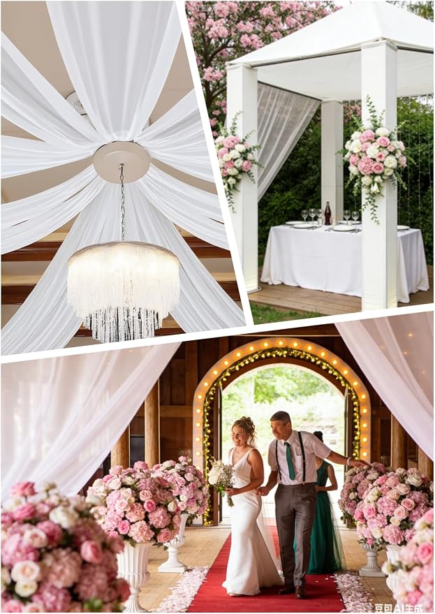 DUOBAO White Wedding Chiffon Ceiling 5x20FT Long Sheer Draping Fabric Photography Backdrops 4 Panels Soft Drapes Curtains for Weddings Arches Christmas Indoor Events