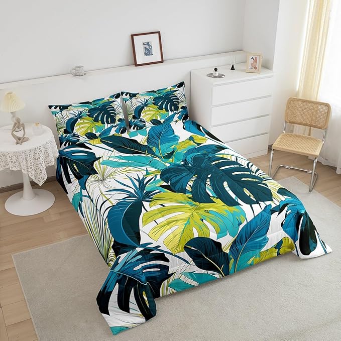 jejeloiu Palm Leaf Comforter Set Full Size Kids Tropical Leaves Bedding Set for Boys Girls Summer Boho Botanical Branches Nature Theme Duvet Quilt Room Decor