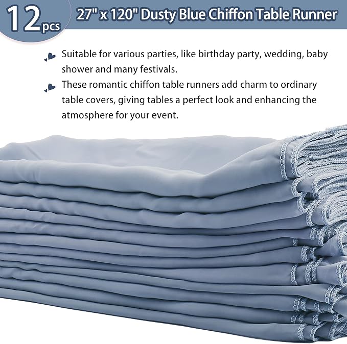 12 Packs Dusty Blue 10Ft Chiffon Table Runner 27 x 120 Inches Sheer Chiffon Table Runner Romantic Boho Rustic Wedding Table Runner for Wedding Birthday Party Decor Bridal Baby Shower Table Decoration