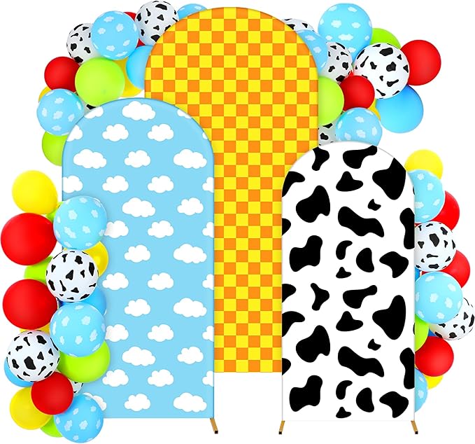 Foilswirl 34 Pieces Toy Themed Birthday Party Decorations Arch Backdrop Covers 4ft 5ft 6ft Spandex Arch Backdrop Cover Cow Blue Sky Cloud Print Balloons Inspired Birthday Cartoon Themed Party Decor