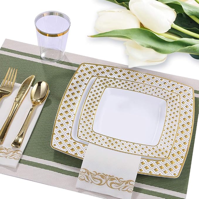 FOCUSLINE 175 Ct Gold Dinnerware Set for 25 Guests - Square Plastic Plates with Diamond Rim, Including 25 Disposable Dinner & Dessert Plates, Napkins, Cups, Cutlery