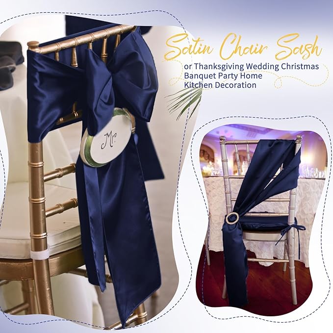 120 PCS Navy Blue Satin Chair Sashes, Ties Bows Designed Chairs Decorative, Chair Cover Sashes for Thanksgiving Wedding Christmas Banquet Party Home Kitchen Decoration (7 x 108 inch)