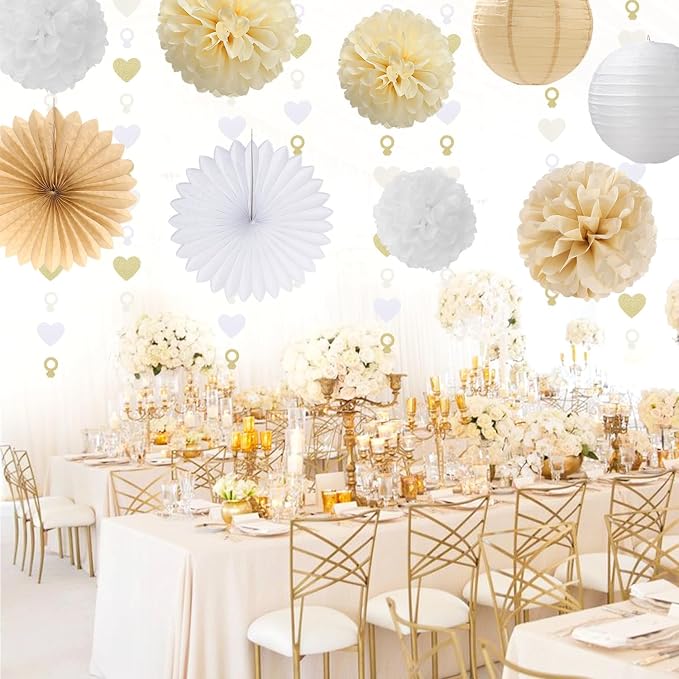 Happy-Engagement Wedding Banner Just-Engaged Party-Decorations - 22pcs White Champagne Gold Paper Lanterns Streamers,Tissue Paper Pom Poms Flowers Fans Garland Decor Sign Backdrop Hugmoon